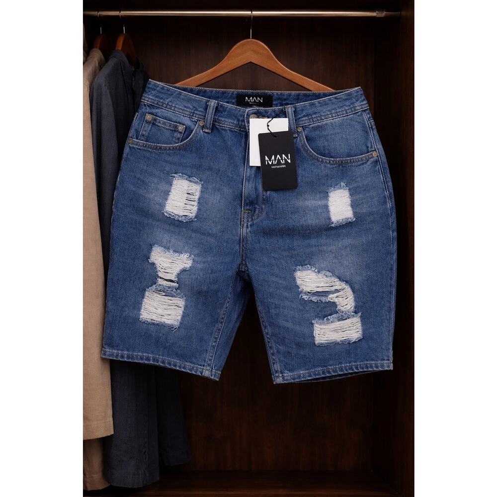 MAN Distressed Denim Shorts Blue 5-Pocket Casual Regular Fit for Men